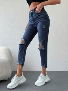 EURMUSE Women's Casual Washed Distressed 7/8 Length Jeans - Dark Wash - View 5