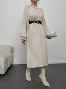 EURMUSE Raglan Sleeve Sweater Dress Without Belt - Beige - View 3