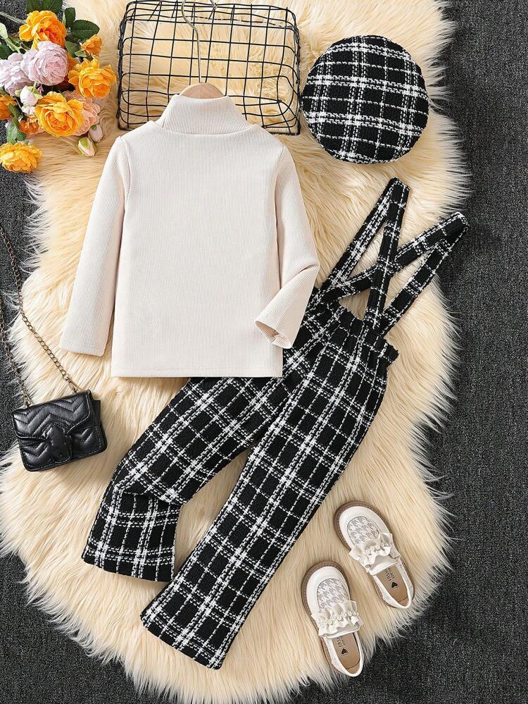 Young Girl Mock Neck Tee & Plaid Print Suspender Pants & Hat