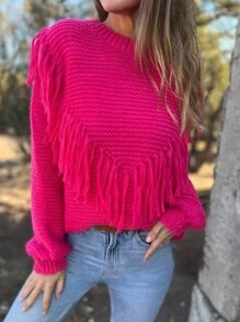 Elegant Pink Fringe Trim Drop Shoulder Fall Sweater - Hot Pink - View 1