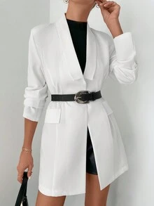Notched Collar Turn Down Flap Detail Long Sleeve Solid Color Casual Blazer Jacket - White - View 5