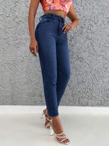 SHEIN Cottnline Women's Solid Color Tapered Jeans - Dark Wash - View 3