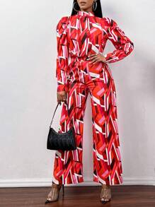 VaVaBold Geo Print Mock Neck Puff Sleeve Blouse