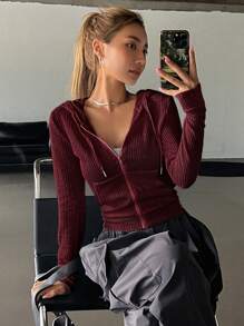 DAZY Solid Zip Up Drawstring Hooded Sweatshirt,Long Sleeve Tops Jacket Hoodies - Burgundy - View 4