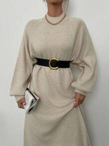 EURMUSE Raglan Sleeve Sweater Dress Without Belt - Beige - View 5