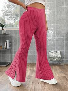 Flirla Hơn Eo chồng lên Viền chia cắt Quần ống loe - Màu Hồng Tươi - Xem 8