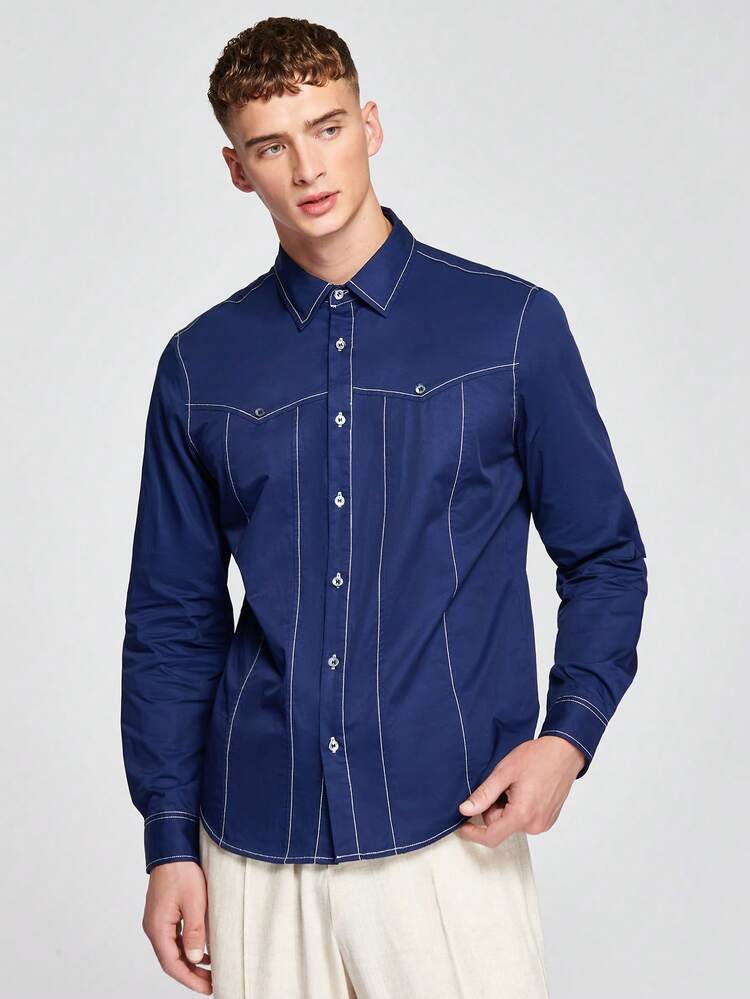 Loose Fit Men's Button Front Contrast Piping Shirt