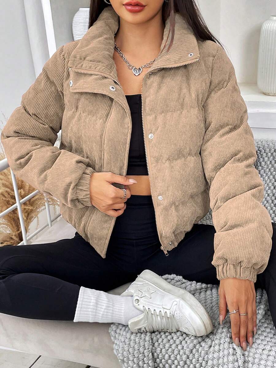SHEIN EZwear Snap Button Corduroy Padded Coat In Fall/Winter - Khaki - View 1