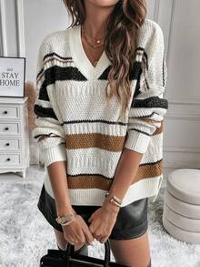 SHEIN LUNE Áo len chui đầu dáng suông, xẻ tà, họa tiết sọc, thích hợp cho mùa thu đông. - Nhiều màu - Xem 3