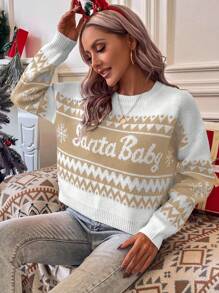 SHEIN Essnce Địa lý & Mẫu chữ Thả vai Áo len - Màu Khaki - Xem 1