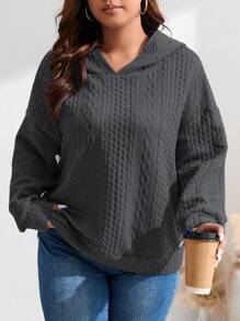 SHEIN LUNE Plus Size Cable Knit Drop Shoulder Sweatshirt - Dark Grey - View 1