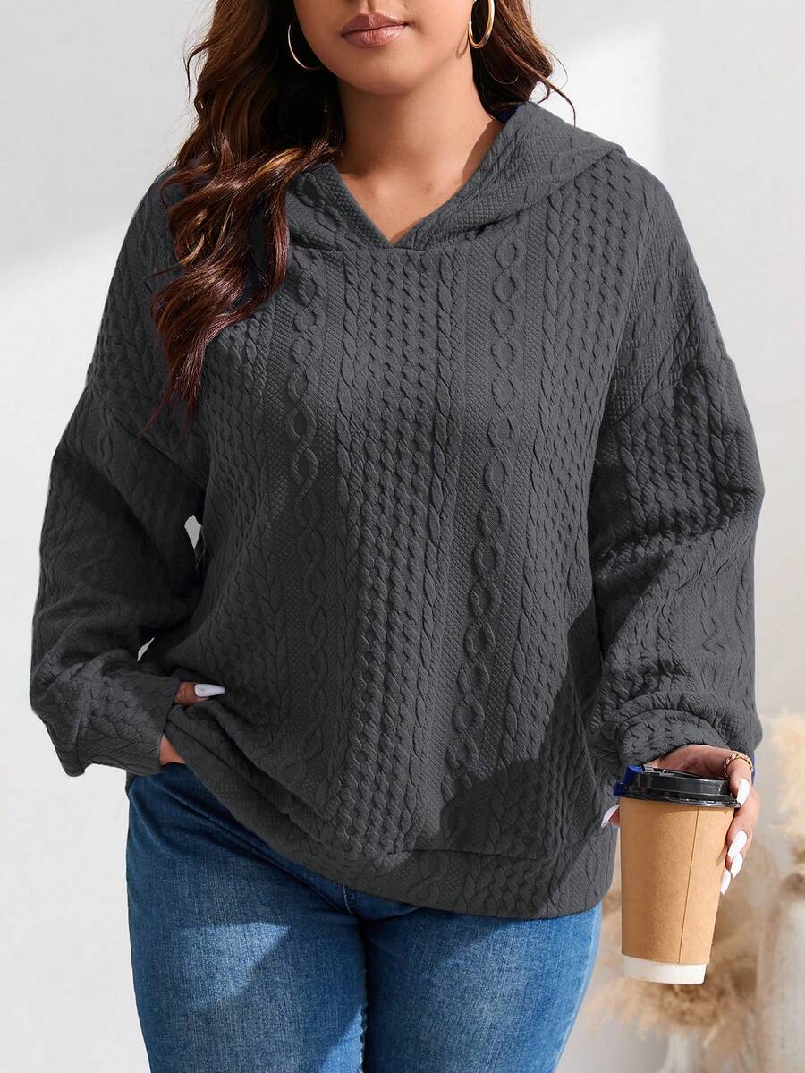 SHEIN LUNE Plus Size Cable Knit Drop Shoulder Sweatshirt - Dark Grey - View 1