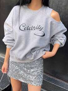 DAZY Women's Letter Printed Hollow Out Drop Shoulder Sweatshirt,Fall Clothes - Grey - View 8