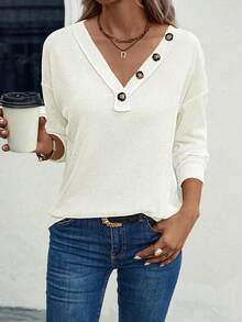 SHEIN LUNE Women's Button Detail Drop Shoulder Sweatshirt - Beige - View 4