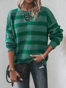 SHEIN LUNE Striped Pattern Crisscross Cut Out Front Drop Shoulder Sweater Knit Pullover Fall Winter Outfit