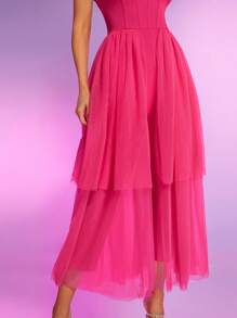 Hauture Monos Con Capas De Tubo Con Malla Superpuesta - Rosa Fucsia - Ver 5