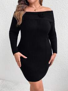 Calvaya 大碼折邊一字肩花卉貼花緊身毛衣洋裝 - 黑色 - 查看 4