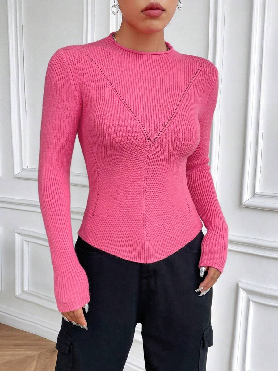 SHEIN Unity Solid Curved Hem Ribbed Knit Pullover Fall Winter Sweater - Pink - View 1