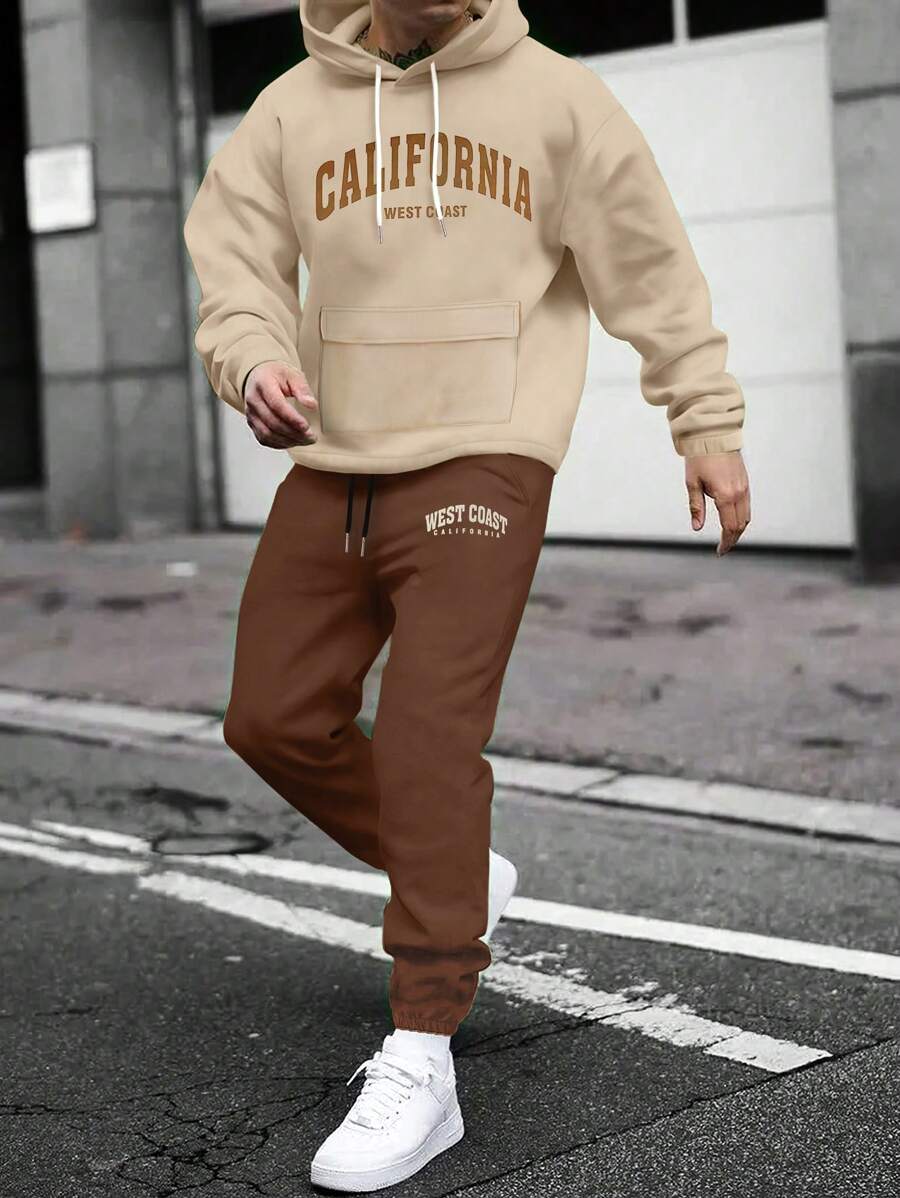 Manfinity Homme 男士字母印花抽繩連帽衫和運動褲套裝 - 杏色 - 查看 1