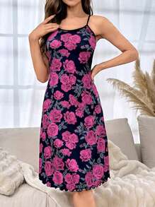 Camicia da notte pigiama con decorazione a stampa floreale e bordo a lattuga