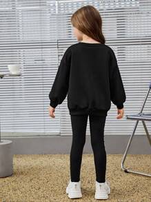 SHEIN 女小童字母圖案落肩袖套頭衫&緊身打底褲 - 黑色 - 查看 8