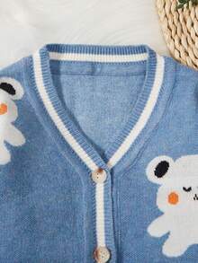 Baby Boy Bear Pattern Striped Trim Cardigan - Blue - View 4
