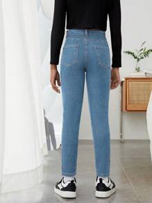 SHEIN Tween Girl All-Match Casual Everyday Minimalist Academic Style Adjustable Elastic Waist High Stretch 5-Pocket Skinny Jeans, With Pockets, Versatile Year-Round Essential Fashion Item