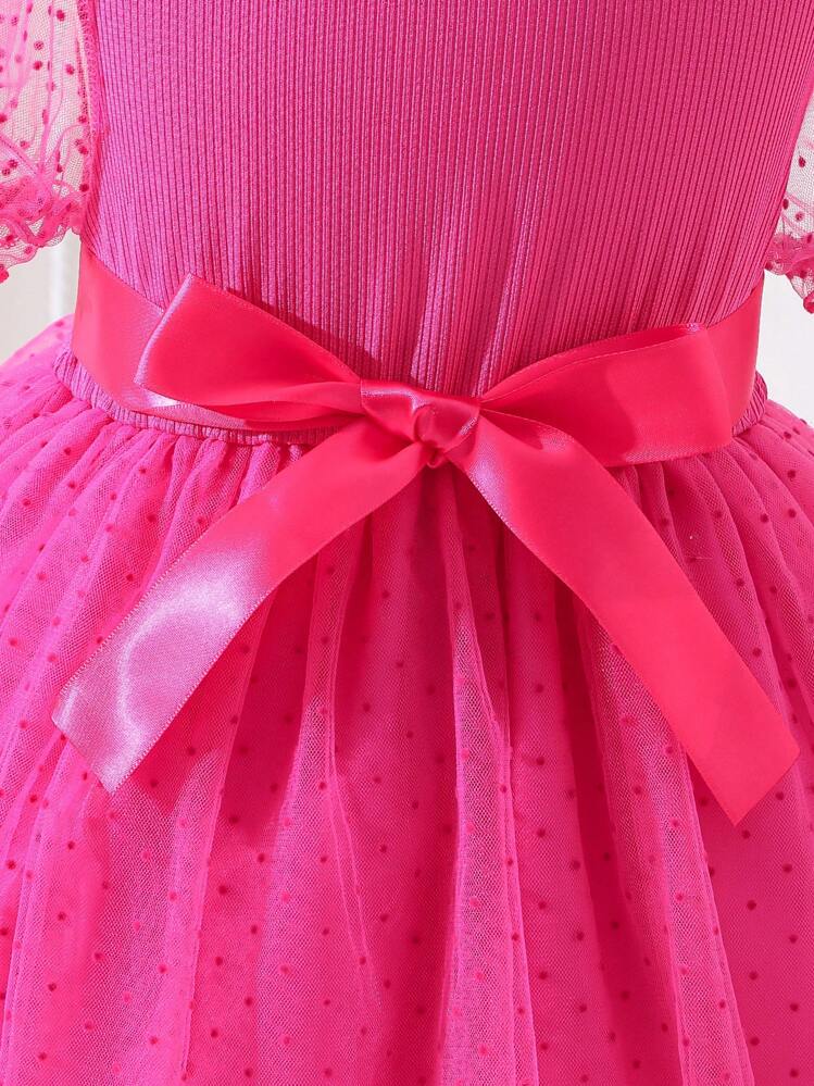 SHEIN Pouco Garotas De Bolinhas Malha Vestido Com Laço - Rosa Quente - Ver 3