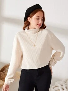 SHEIN 少女編織純色短款高領泡泡袖休閒長袖T卹