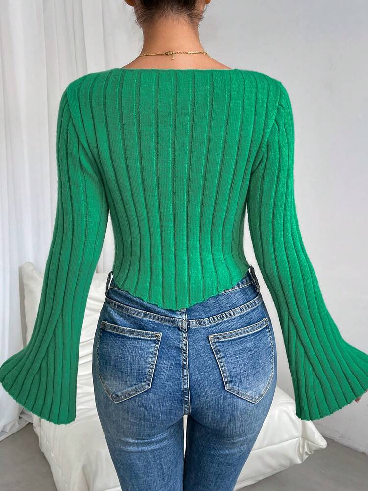 Trumpet Sleeve Ribbed Knit Pullover Fall Winter Sweater