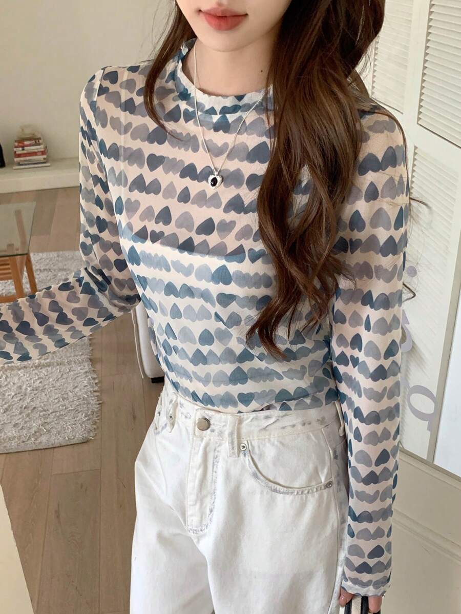 DAZY Của phụ nữ Hình trái tim In Lưới mỏng Áo - Màu xanh lam - Xem 1
