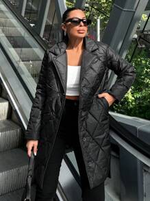 EURMUSE Solid Lapel Neck Belted Quilted Coat - Black - View 4