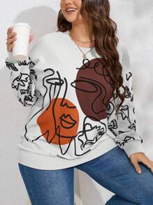 SHEIN LUNE Plus Size Women's Abstract Figure Printed Sweatshirt Pullover Fall Sweatshirt - White - View 3