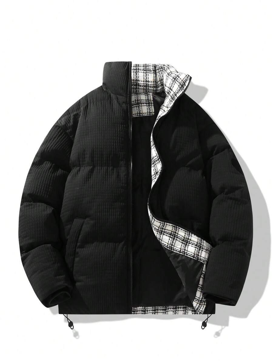 Men Plaid Lined Drawstring Hem Padded Coat, Warming - Black - View 1