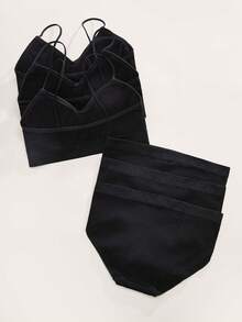 3套純色肋織文胸和內褲套裝 - 彩色 - 查看 2