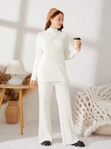 SHEIN Chica adolescente Jersey de cuello alto con pantalones tejidos - Blanco - Ver 5