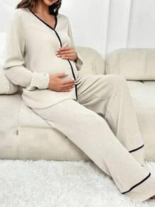 SHEIN Maternity Contrast Binding Lounge Set - Beige - View 1