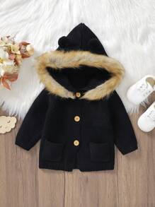 男嬰拼接毛茸邊3D耳朵設計連帽開襟衫 - 黑色 - 查看 6