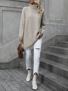 SHEIN Essnce Jersey cuello alto de hombros caídos bajo asimétrico - Camel - Ver 4