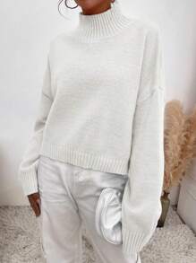 SHEIN LUNE Suéter de cuello alto con hombros caídos, blusas de manga larga - Blanco - Ver 5