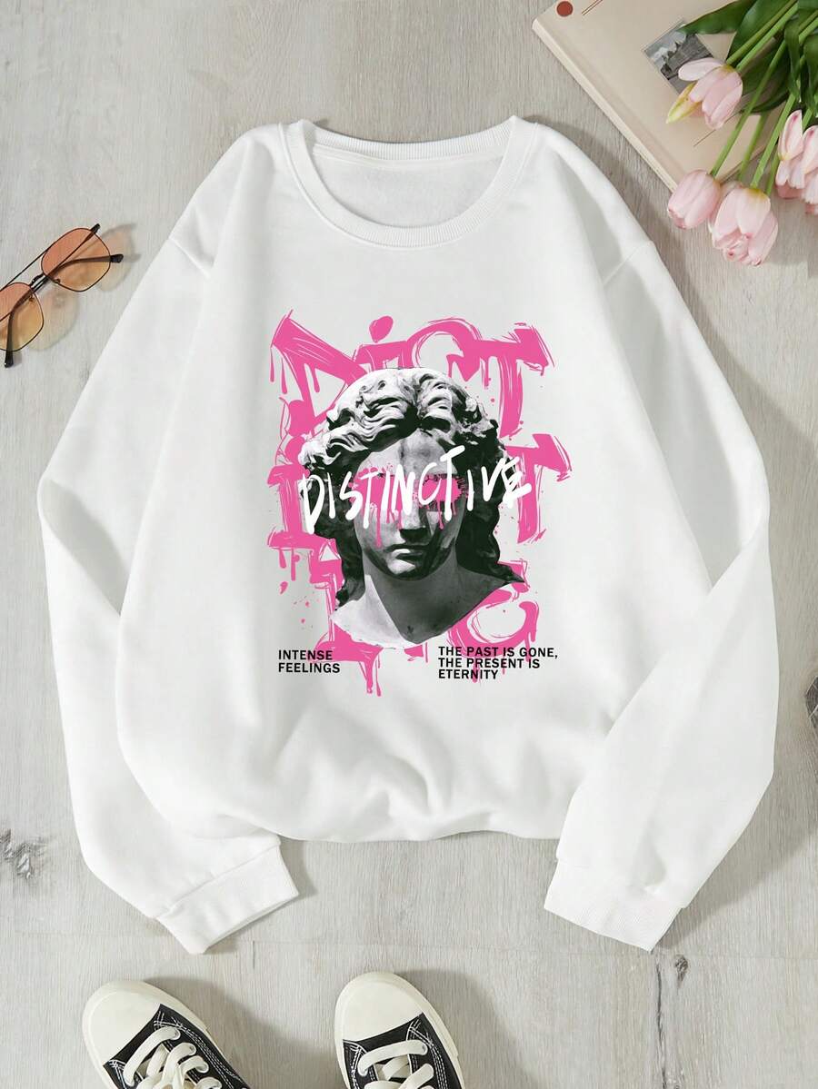 SHEIN EZwear Điêu khắc & Đồ họa Khẩu hiệu Lót nhiệt Áo nỉ - trắng - Xem 1