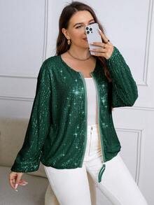 SHEIN Allurite Plus Drawstring Hem Zip Up Sequin Jacket - Dark Green - View 4