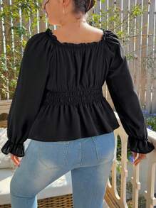 Flirla Hơn Lá sen tỉa Nút phía trước tay áo lá sen Áo sơ mi Peplum - màu đen - Xem 2