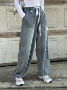 DAZY 抽绳腰阔腿牛仔裤，宽松牛仔裤 - 藍色 - 查看 8