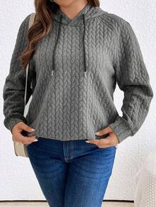 SHEIN LUNE 加大码麻花针织插肩袖抽绳卫衣 - 灰色 - 查看 6