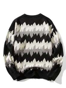 男士撞色落肩袖套頭毛衣 - 黑色 - 查看 2