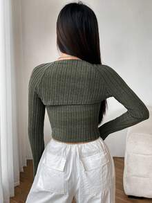 SHEIN EZwear 素色條紋針織抹胸上衣&短上衣 - 軍綠色 - 查看 2