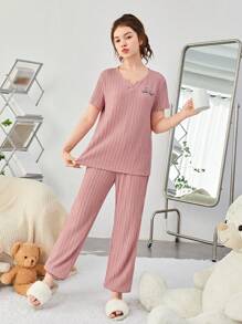 SHEIN 青少女針織提花刺繡寬鬆t恤和長褲家居服裝 - 藕粉色 - 查看 5