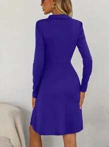 SHEIN LUNE 1/4拉鍊翻蓋細節A字洋裝 - 寶藍色 - 查看 2