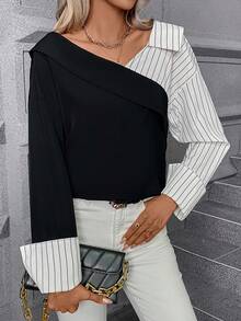 SHEIN Privé 條紋印花不對稱領落肩袖襯衫 - 黑色 - 查看 5